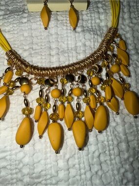Yellow Statement Beaded Fringe Necklace and Earrings Set